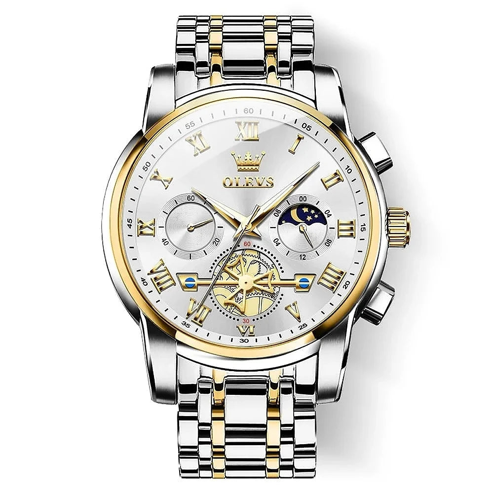 OLEVS men's white luxury business chronograph watch with black dial and stainless steel band, stylish and elegant timepiece.