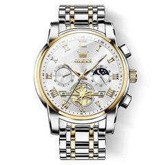 OLEVS men's white luxury business chronograph watch with black dial and stainless steel band, stylish and elegant timepiece.