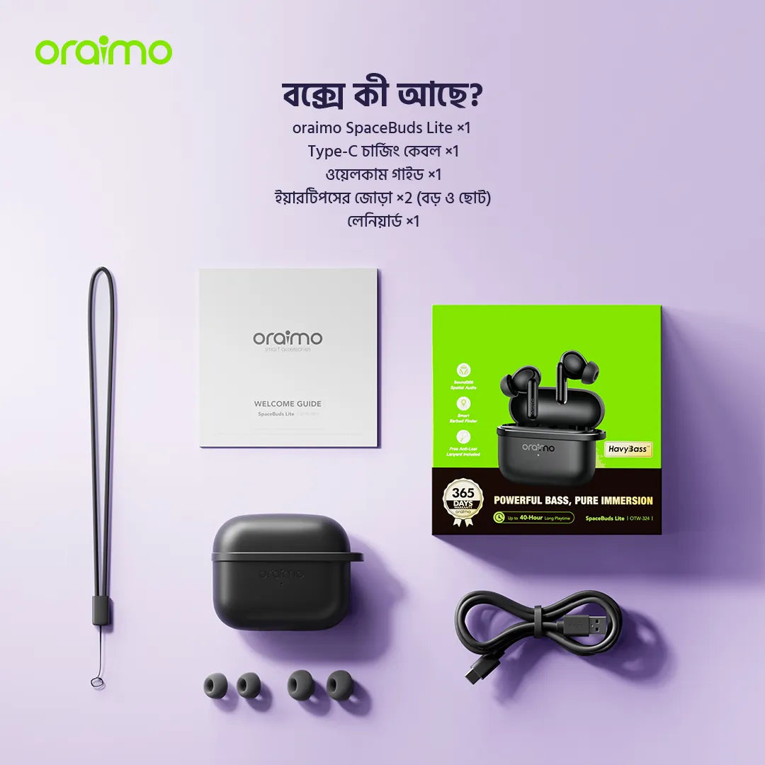 Oraimo SpaceBuds Lite true wireless earbuds in a package, featuring sleek Air Buds design and compact charging case.