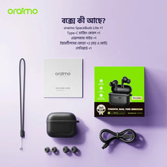 Oraimo SpaceBuds Lite true wireless earbuds in a package, featuring sleek Air Buds design and compact charging case.
