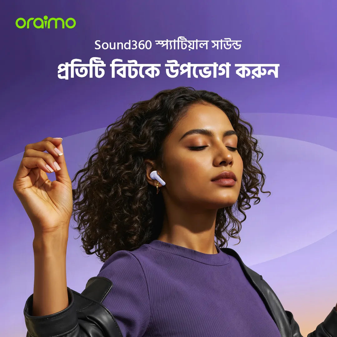 Oraimo SpaceBuds Lite Sound360 true wireless Air Buds with anti-lost feature, compact design, and in-ear fit.