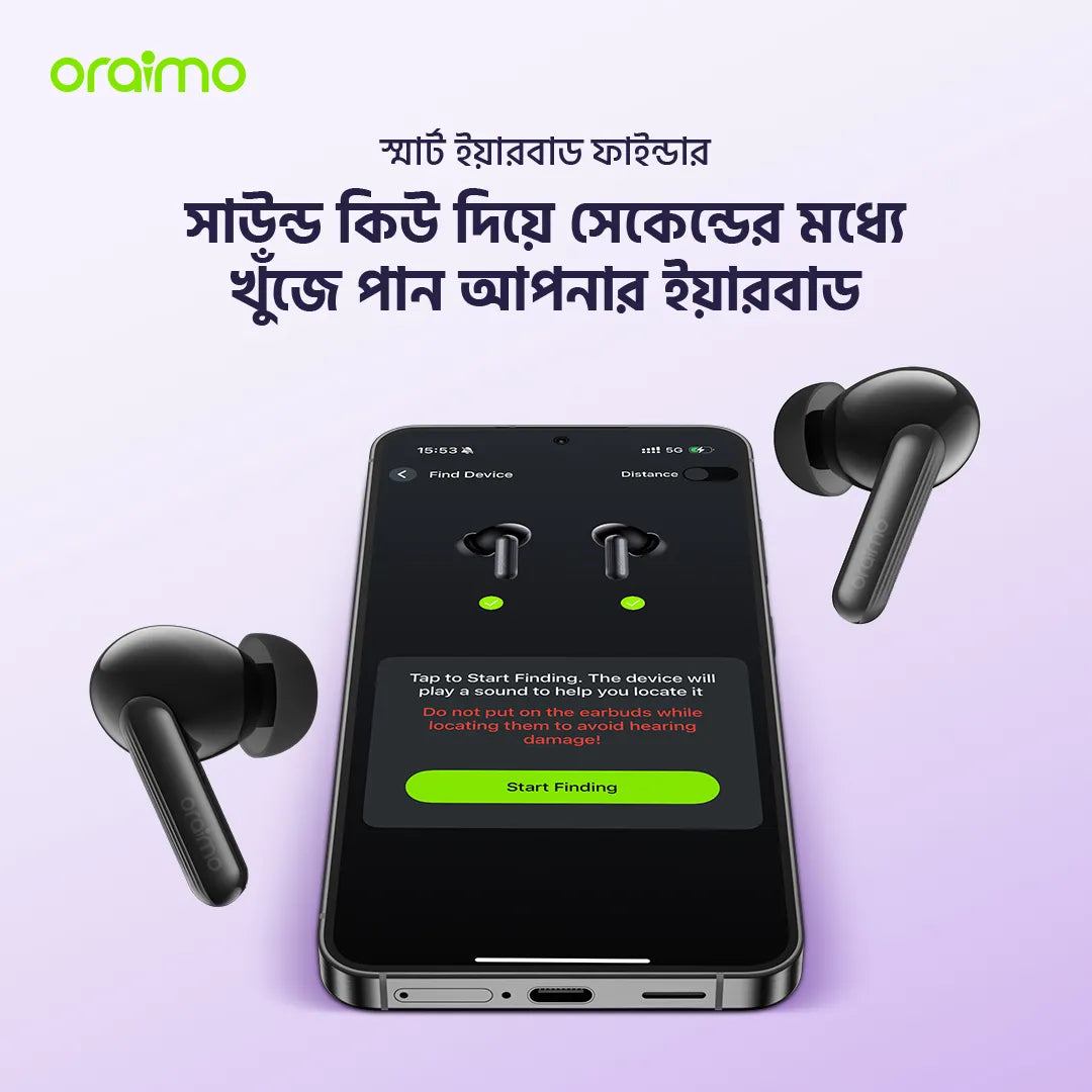Oraimo SpaceBuds Lite true wireless earbuds with Sound360 technology, compact Air Buds design, and anti-lost smart finder feature.