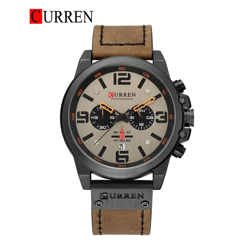 Curren 8314 men's leather strap watch showing a sleek black dial and classic leather band on a wrist.