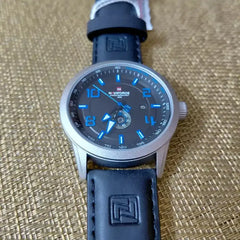 Naviforce NF9229 youth retro men's watch with black dial, silver case, and leather strap, showcasing stylish and vintage design.