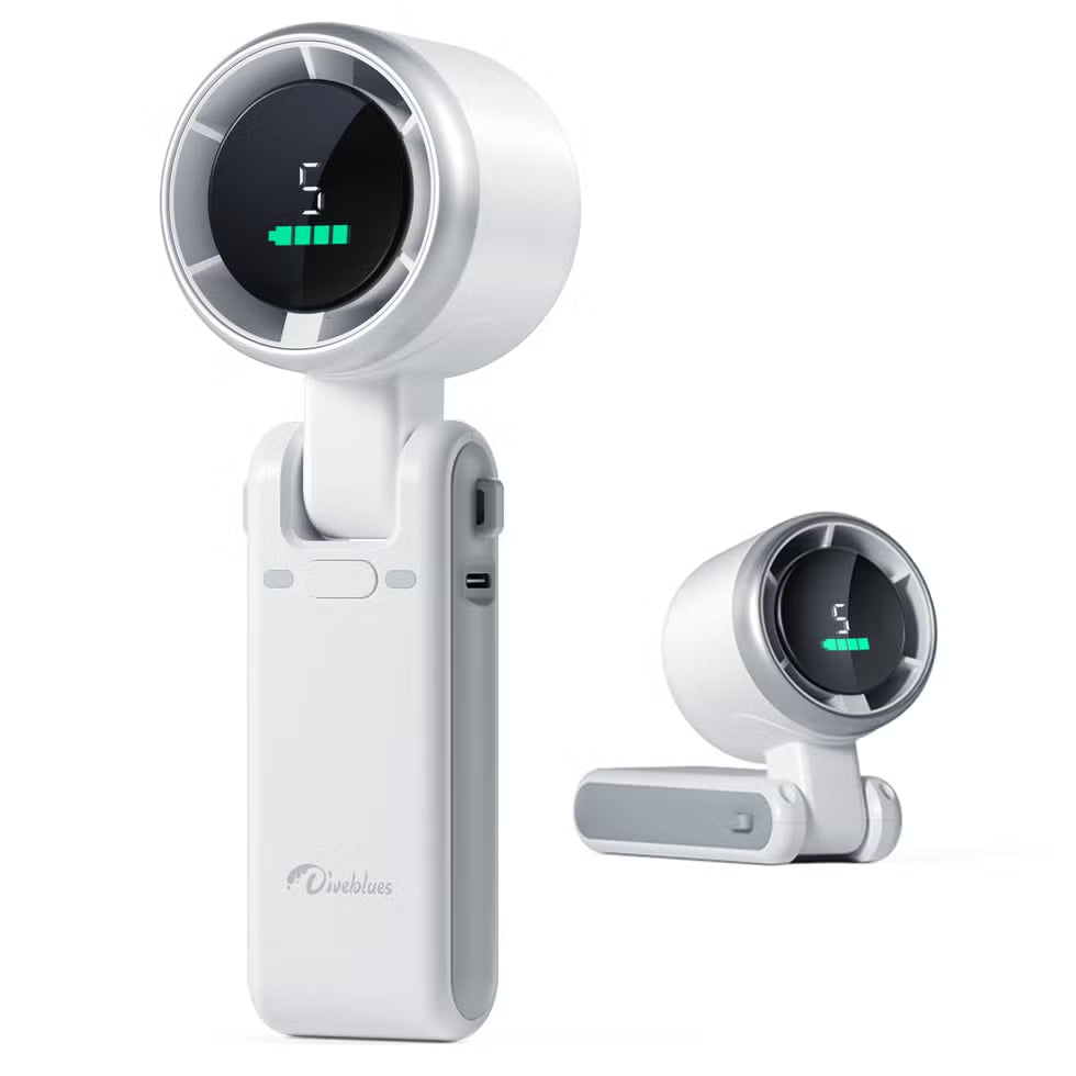 Portable Turbo Fan with digital display, foldable design, Tarjah Mart rechargeable USB-C fan, ideal for cooling on the go.