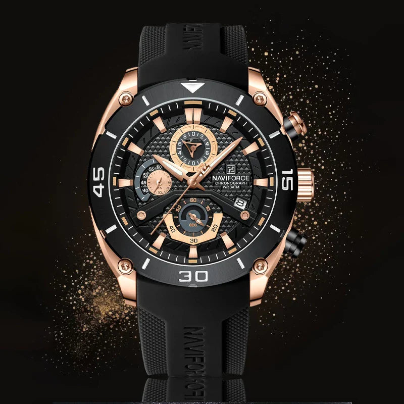 Naviforce men's waterproof sports watch with black dial and durable strap, ideal for outdoor and active wear.