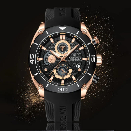 Naviforce men's waterproof sports watch with black dial and durable strap, ideal for outdoor and active wear.
