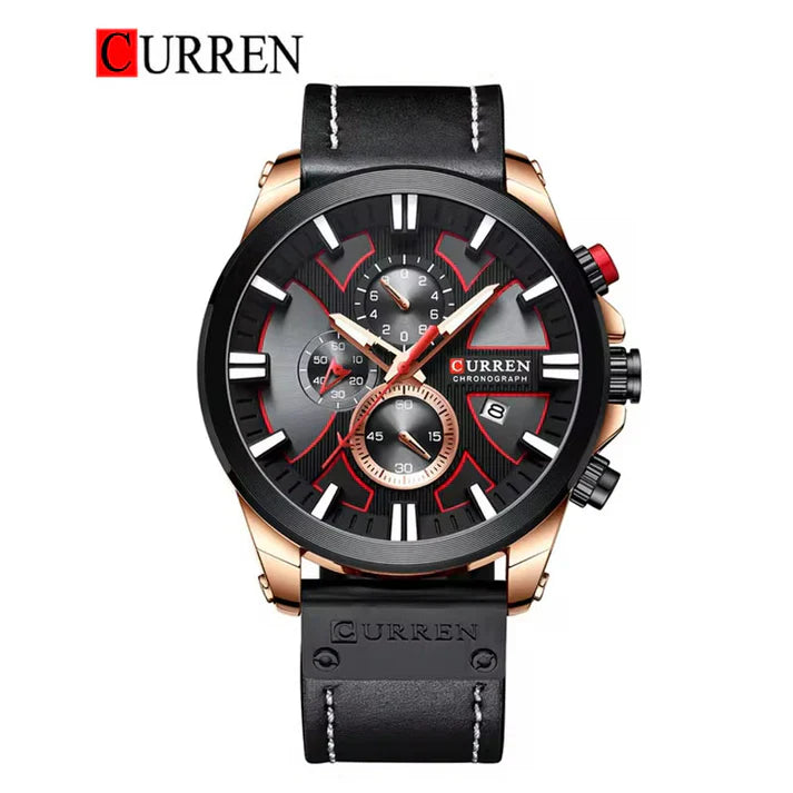 Men's Curren 8346 leather strap watch with round dial and black leather band, stylish men's wristwatch for everyday wear