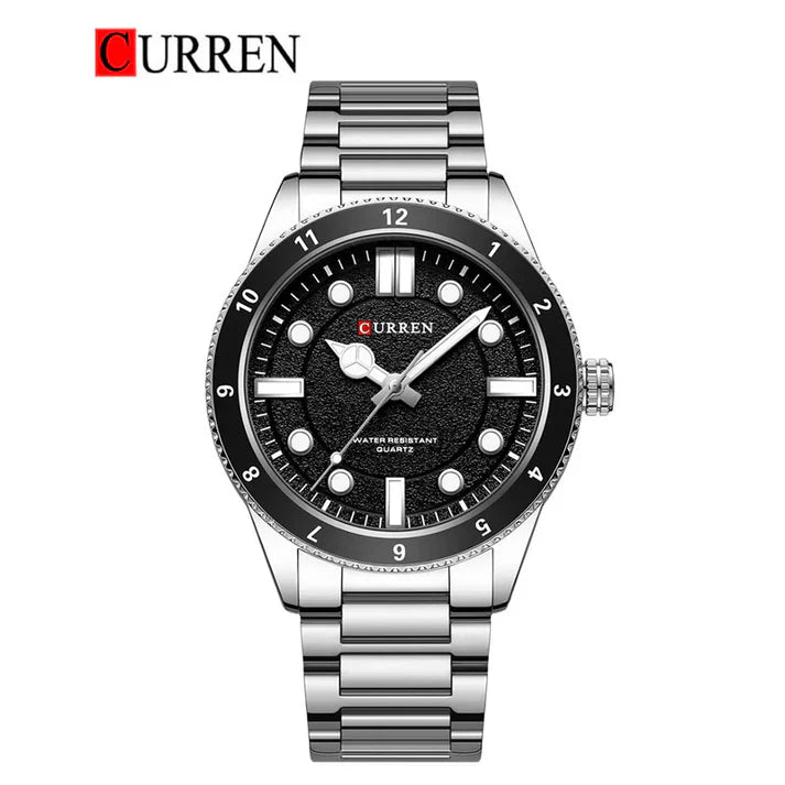 Close-up of Curren 8450 men's stainless steel watch showing a sleek silver dial and stainless steel band.