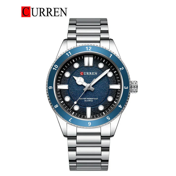 Curren 8450 men's stainless steel watch with black dial and silver band, showcasing a sleek, modern design.