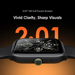 Oraimo Watch 5 Lite 2.01-inch HD display smart watch with IP68 water resistance, black band, and digital interface.