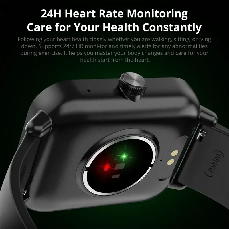 Colmi P81 smartwatch displaying sports modes and fitness tracking features on a sleek black smart watch face.