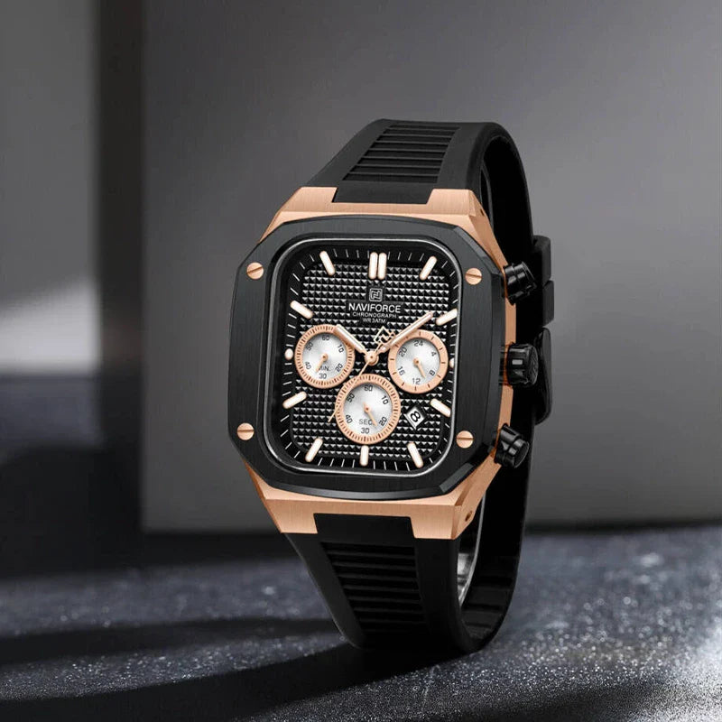 Naviforce men's square classic watch with black dial and silver case, featuring a modern men's watch design and analog display.