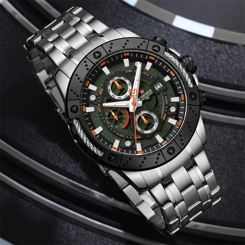 Naviforce NF9227 men's mechanical style watch with black dial, silver case, and leather strap displayed on a white background.