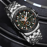 Naviforce NF9227 men's mechanical style watch with black dial, silver case, and leather strap displayed on a white background.