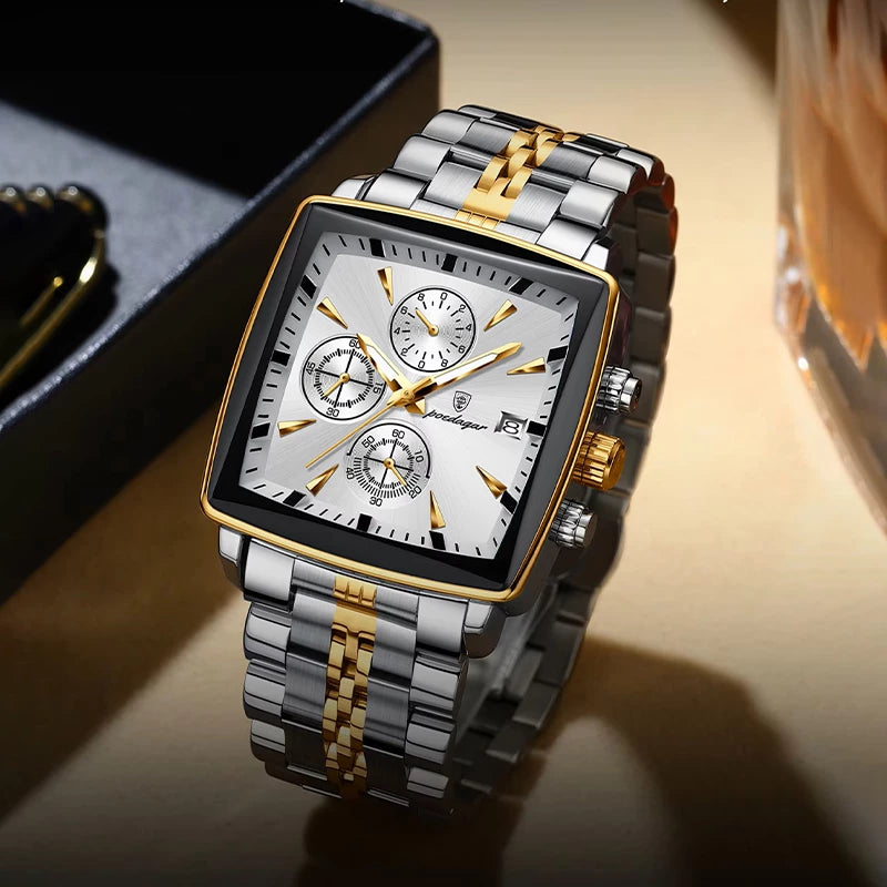 Poedagar 866 luxury square chronograph men's watch with white dial and silver strap, showcasing a stylish and sophisticated design.