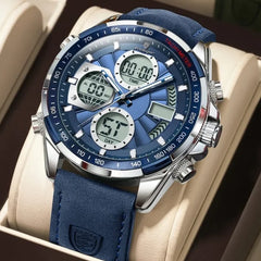 POEDAGAR E108 Men's Dual Display Leather Strap Watch