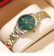 Curren 9094 women's luxury stainless steel watch with a green and gold dial, elegant design, and stainless steel band.