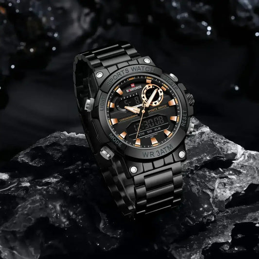 Naviforce NF9237 men's luxury stainless steel digital watch with multi-function display, black dial, and silver band.