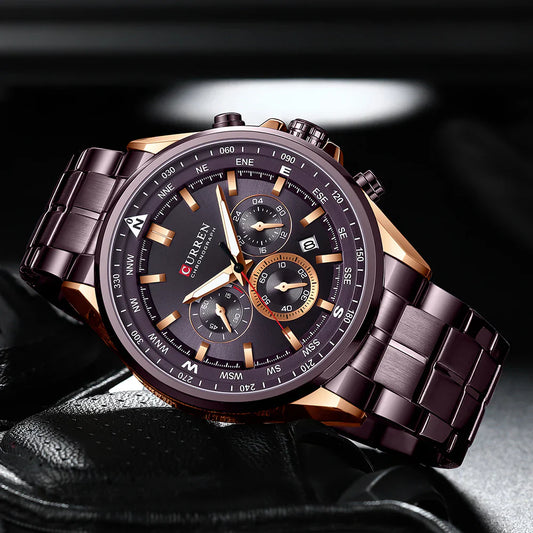 Curren 8399 men's stainless steel watch with round dial and metal bracelet, showing time and date on a sleek silver design.