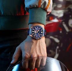 Curren 8418 men's chronograph watch showing stainless steel case, black dial, and multiple subdials for timekeeping and style.