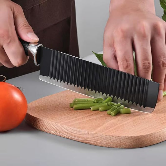 Six-piece Tarjah Mart vegetable cutter knife set with stainless steel blades and ergonomic handles on a cutting board.