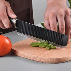 Six-piece Tarjah Mart vegetable cutter knife set with stainless steel blades and ergonomic handles on a cutting board.