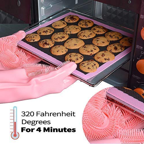 Pair of Tarjah Mart silicon scrubber dishwashing gloves for kitchen cleaning, shown in a close-up image.