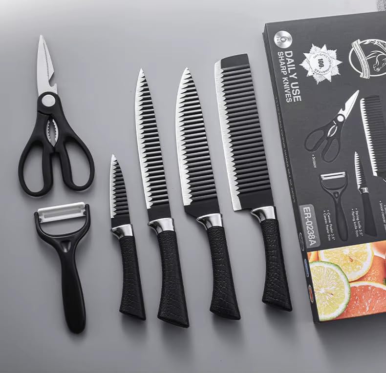 Six-piece Tarjah Mart vegetable cutter knife set with sharp blades and ergonomic handles, displayed on a wooden surface.