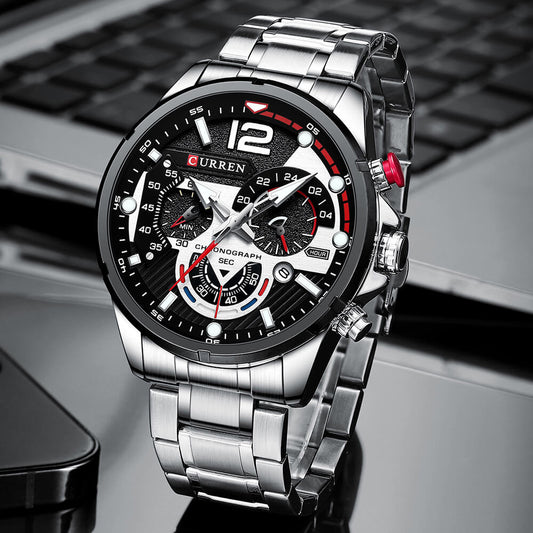 Men's stainless steel watch by Curren, silver and black dial with a sleek, modern design.