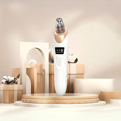 Rechargeable 6-in-1 facial blackhead remover kit with multiple attachments, black device with control buttons, for skincare.