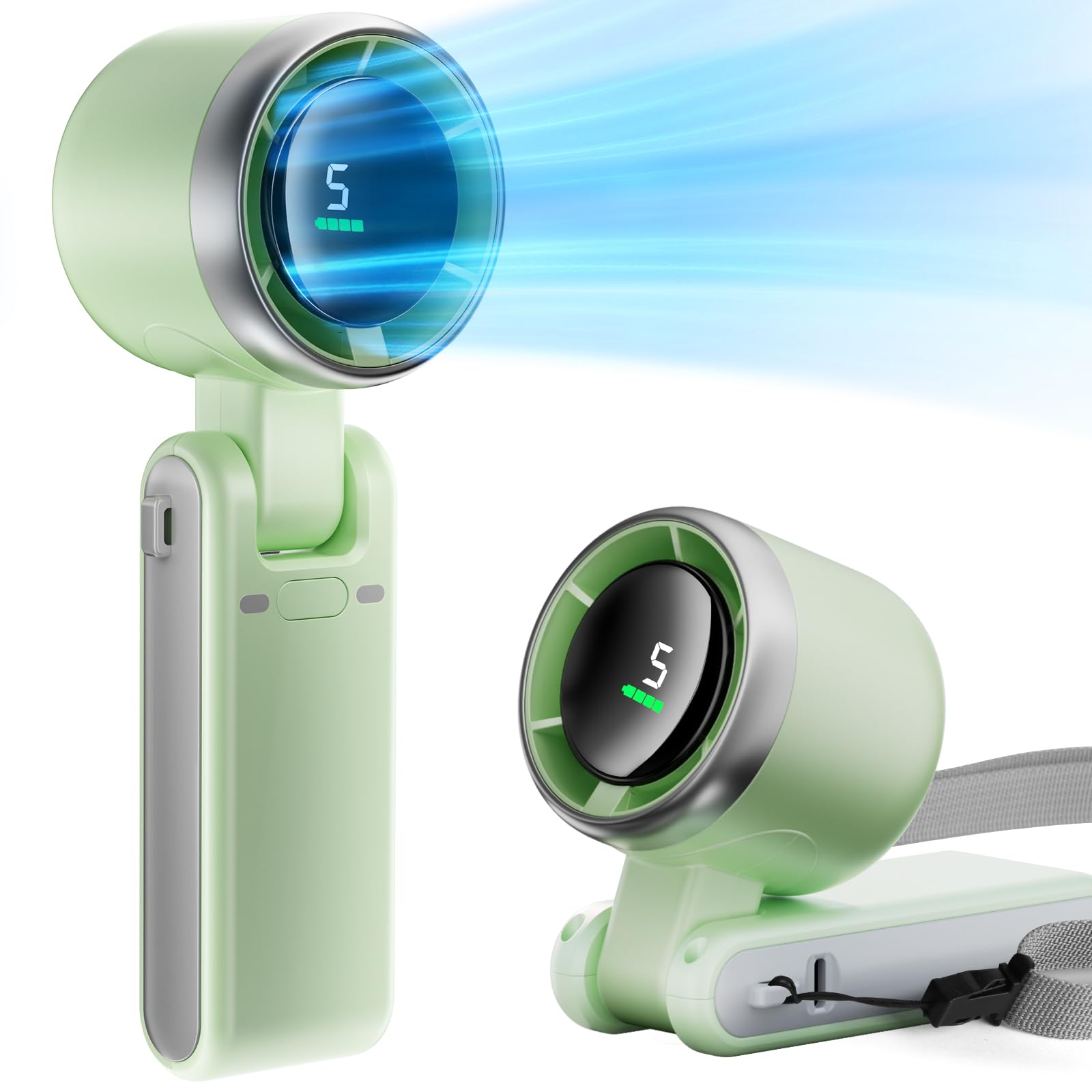 Tarjah Mart portable turbo fan with digital display, foldable design, USB-C rechargeable, showing vents and digital controls.