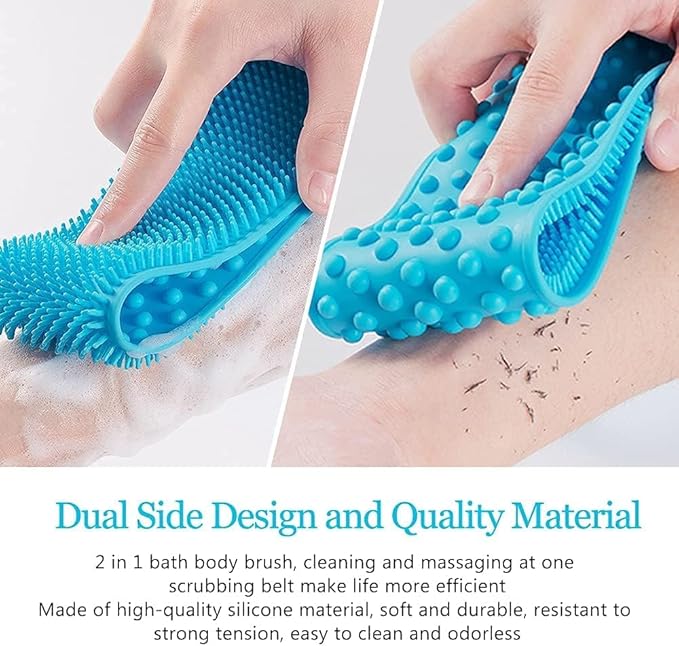 Silicone body scrubber from Tarjah Mart for deep cleaning and gentle exfoliation, shown in vibrant blue color.