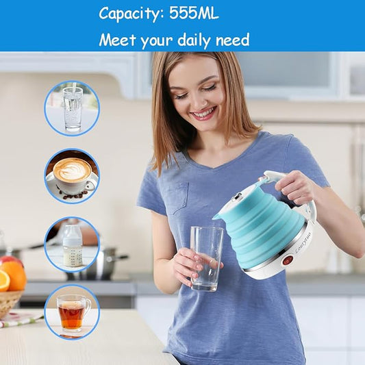Electric folding kettle by Tarjah Mart, compact electronic kettle with foldable design, displayed on a kitchen countertop.