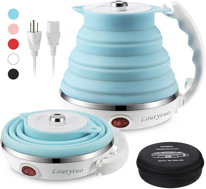 Electric folding kettle by Tarjah Mart with a compact design, featuring a foldable handle and transparent water level indicator.