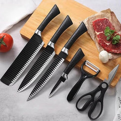 Six-piece Tarjah Mart vegetable cutter and knife set with stainless steel blades displayed on a wooden surface.