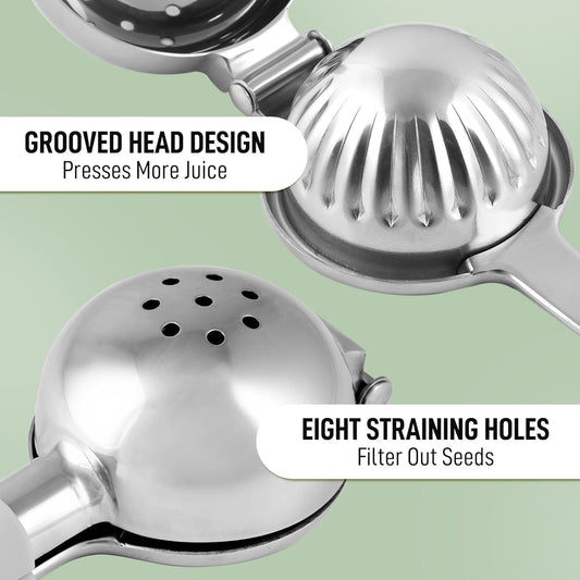 Stainless steel lemon squeezer manual hand press juicer for kitchen use, with a sturdy handle and durable construction.