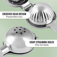 Stainless steel lemon squeezer manual hand press juicer for kitchen use, with a sturdy handle and durable construction.