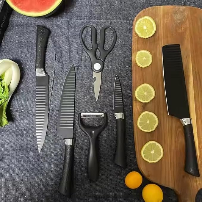 Six-piece Tarjah Mart vegetable cutter and knife set with stainless steel blades and ergonomic handles for kitchen prep.