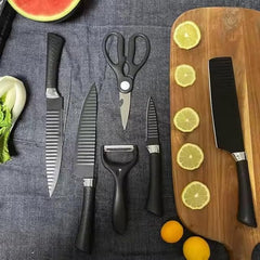 Six-piece Tarjah Mart vegetable cutter and knife set with stainless steel blades and ergonomic handles for kitchen prep.