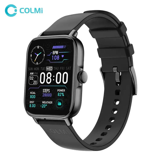 Colmi P28 Plus women's smartwatch with a sleek black band and digital display showing time and health tracking features.