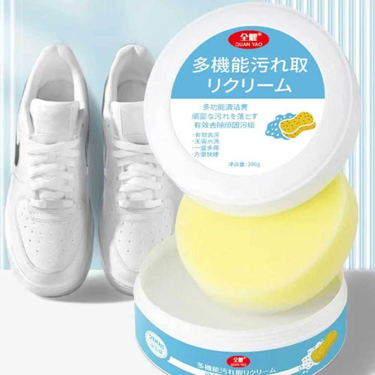 Tarjah Mart Instant Shoe Cleaner showing a pair of clean, shiny shoes being cleaned with the product.
