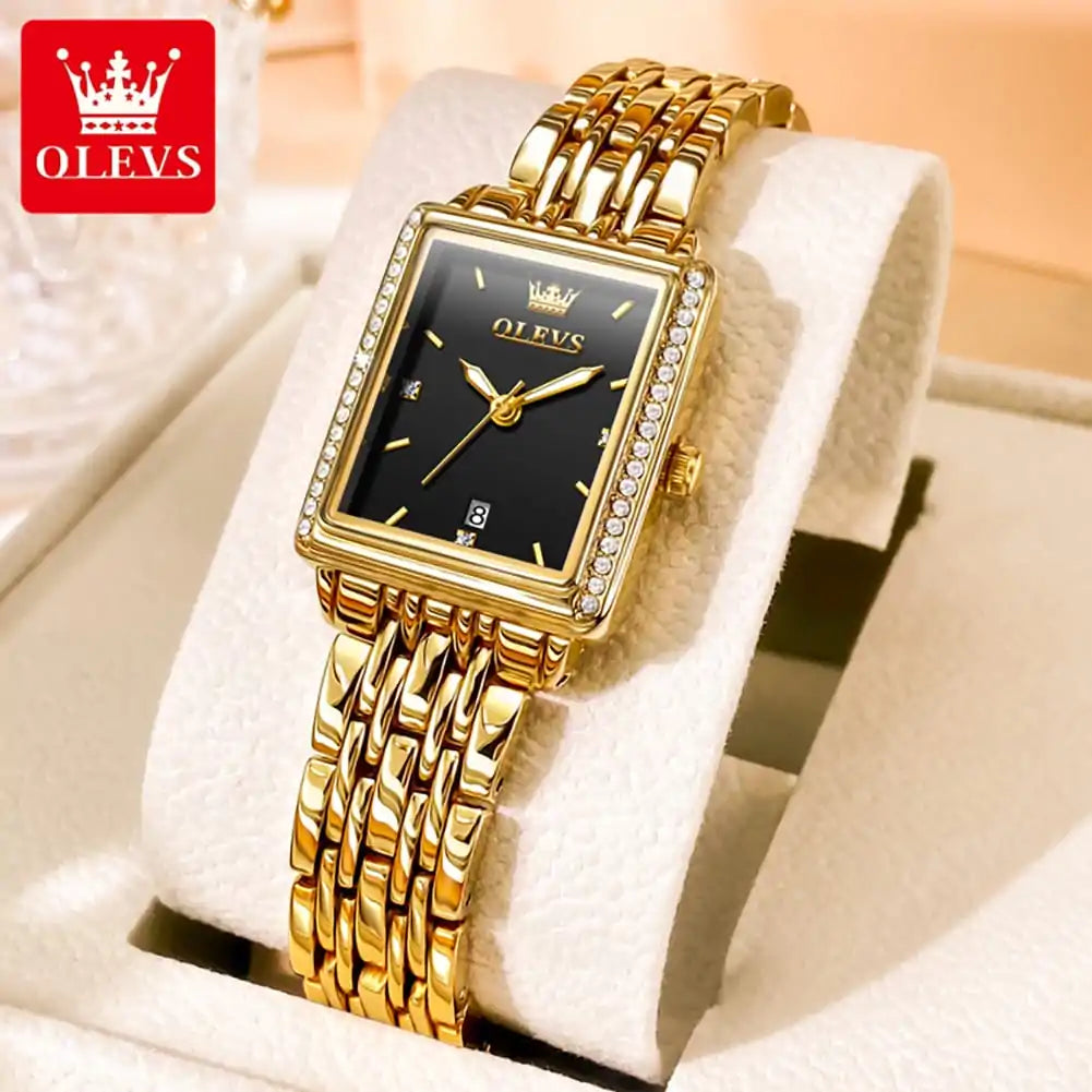 OLEVS 9995 elegant quartz ladies watch with a sleek design, featuring a round dial and metallic strap.