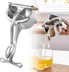 Manual fruit press juicer extractor from Tarjah Mart with wooden handle and metal pressing mechanism for fresh juice extraction.