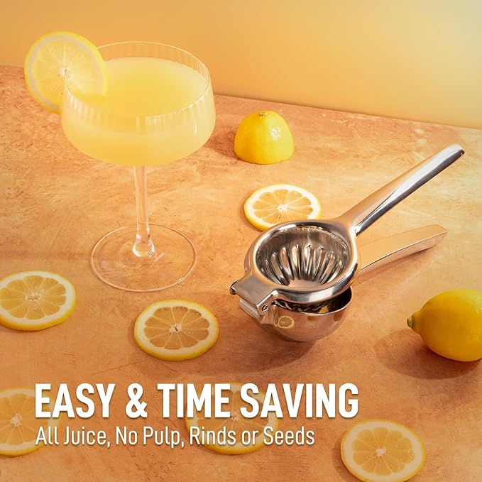Stainless steel lemon squeezer manual hand press juicer for kitchen use, with a sturdy handle and polished finish by Tarjah Mart