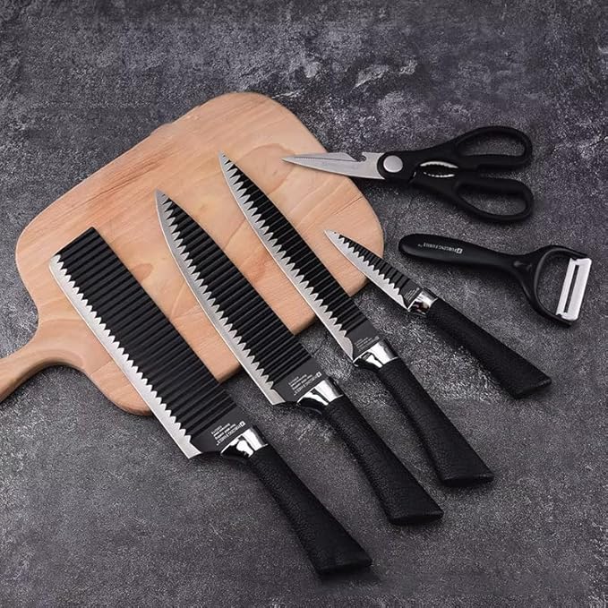 Six-piece Tarjah Mart vegetable cutter knife set with stainless steel blades and ergonomic handles for kitchen prep.