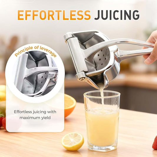 Tarjah Mart manual fruit press juicer extractor with handle and basket for squeezing fresh juice from fruits.