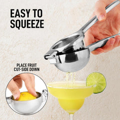 Stainless steel lemon squeezer by Tarjah Mart, manual hand press juicer for fresh citrus juice in the kitchen.