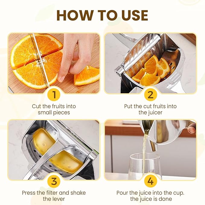Manual fruit press juicer extractor from Tarjah Mart with a sturdy handle and metal pressing plate for fresh juice extraction.