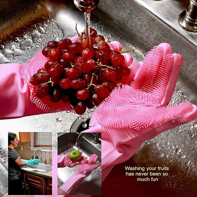 Pair of Tarjah Mart silicone dish scrubber gloves for cleaning dishes and kitchen surfaces, flexible and durable kitchen cleaning tool